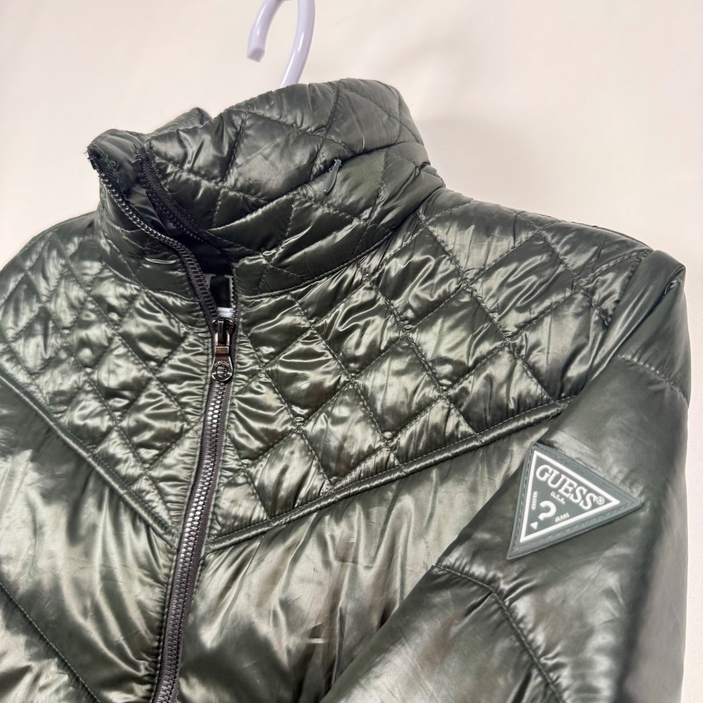 Guess Womens Medium Quilted Puffer Jacket Dark Green Full Zip Hideaway Hood - Picture 2 of 11
